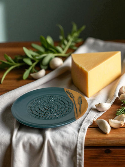 ceramic grater on a linen cloth on a wooden table with a block of cheese, garlic cloves, and fresh herbs