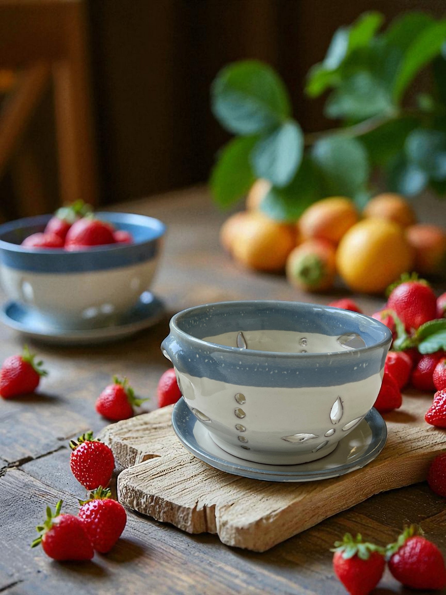 blue and white ceramic colander on a wood table with fresh strawberries