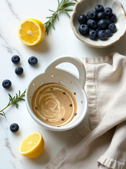 White ceramic colander with a swirling pattern on a marble surface, surrounded by blueberries and lemon slices.