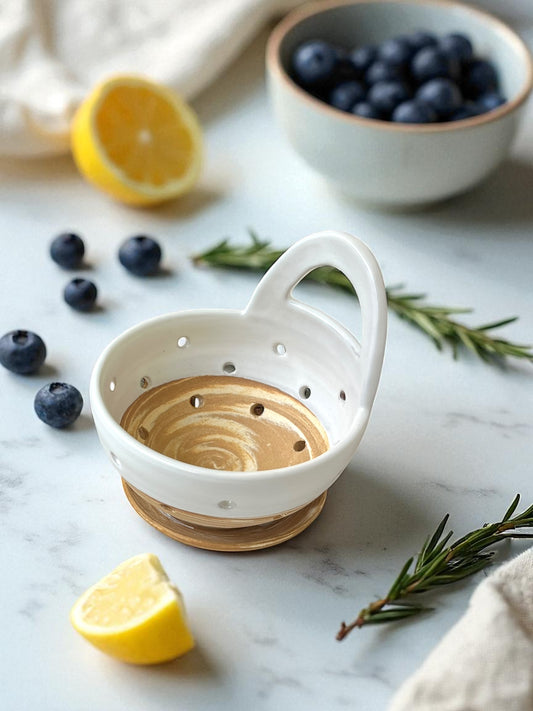 White ceramic colander with a wooden base on a marble surface with lemons and blueberries.
