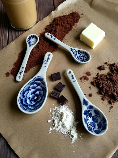 four hand-painted blue floral measuring spoons with an assortment of baking ingredients on parchment paper