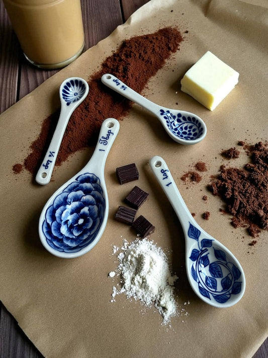 four hand-painted blue floral measuring spoons with an assortment of baking ingredients on parchment paper